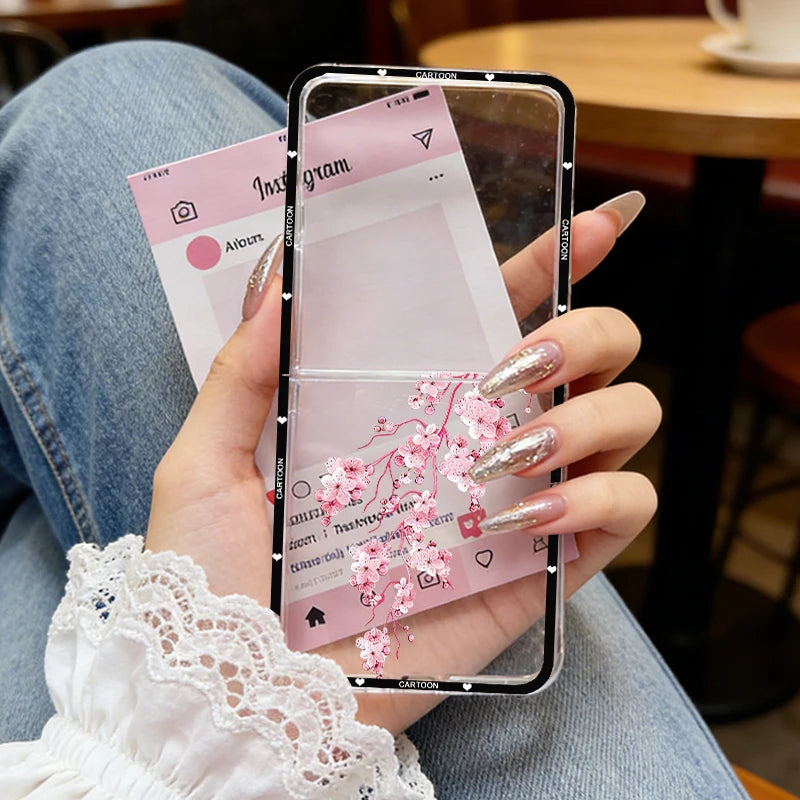 INS Korea Pink Peach Blossoms Phone Case For Samsung Z Flip 7 6 5 4 3 Z Flip7 Girls Flower Hard PC Back Cover Rose Pattern Shell