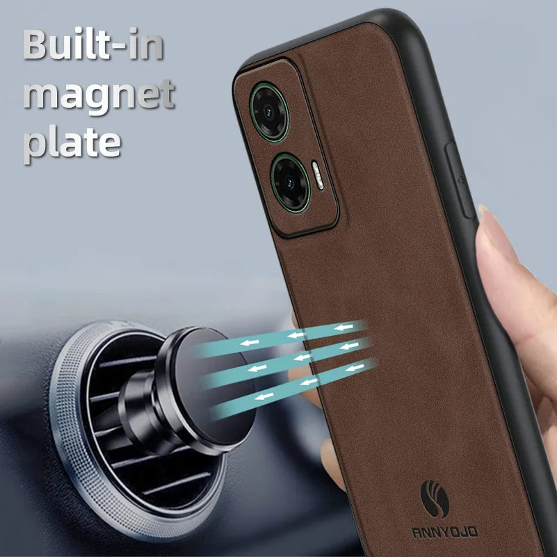 Matte Plain Leather Case For Moto G35 Motorola Moto G35 Built-in Metal Car Mount Holder Cover