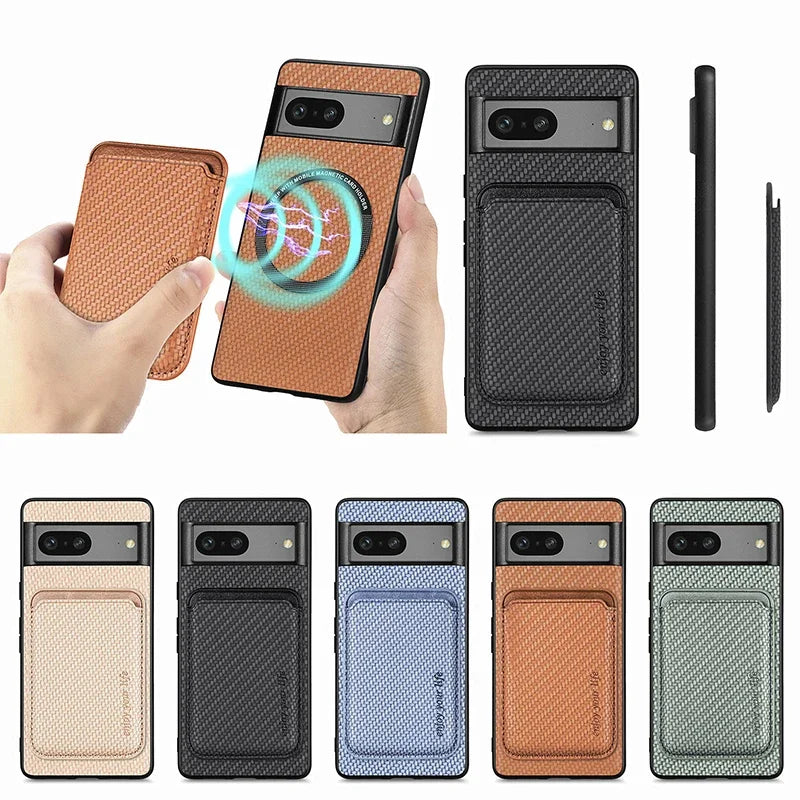 2 In 1 Carbon Fiber Magnetic Card Holder Wallet For Magsafe Google Pixel 6 7 8 9 Pro XL 9A 8A 7A 6A Wireless Charging Back Cover