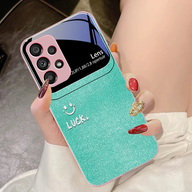 Sunshine Smile Silver For Samsung Galaxy S10 4G S20 11E 30 S21 22 S24 Fe Pro S23 S25 Ultra 5G S9 Tempered Glass Phone Case