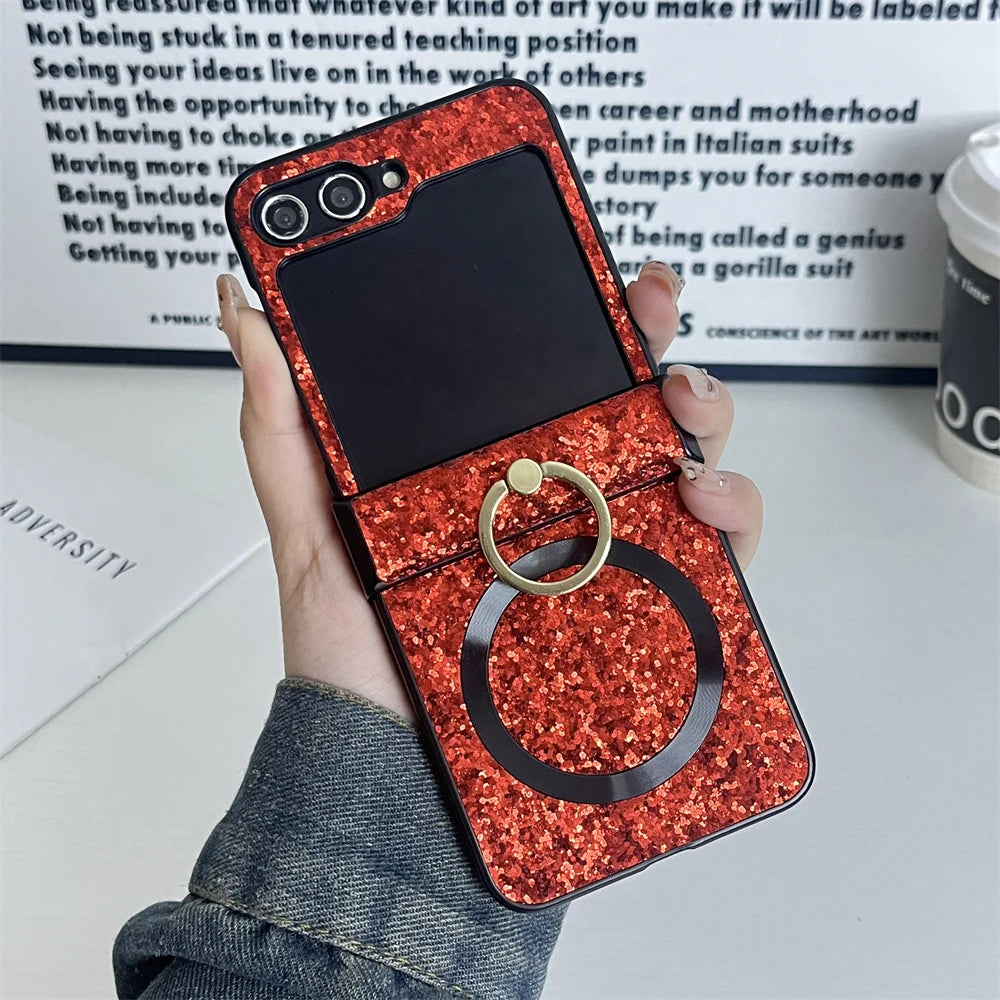 For Samsung Z Flip 7FE Ultra Thin Magnetic Finger Ring Shimmering Case For Samsung Z Flip 7 6 5 4 3 For Magsafe Shockproof Cover