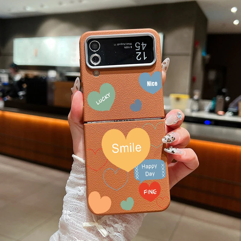For Samsung Galaxy Z Flip 6 5 4 3 5G Leather Texture Phone Case Love Heart Pattern Soft TPU Folding Cover For Samsung Z Flip5