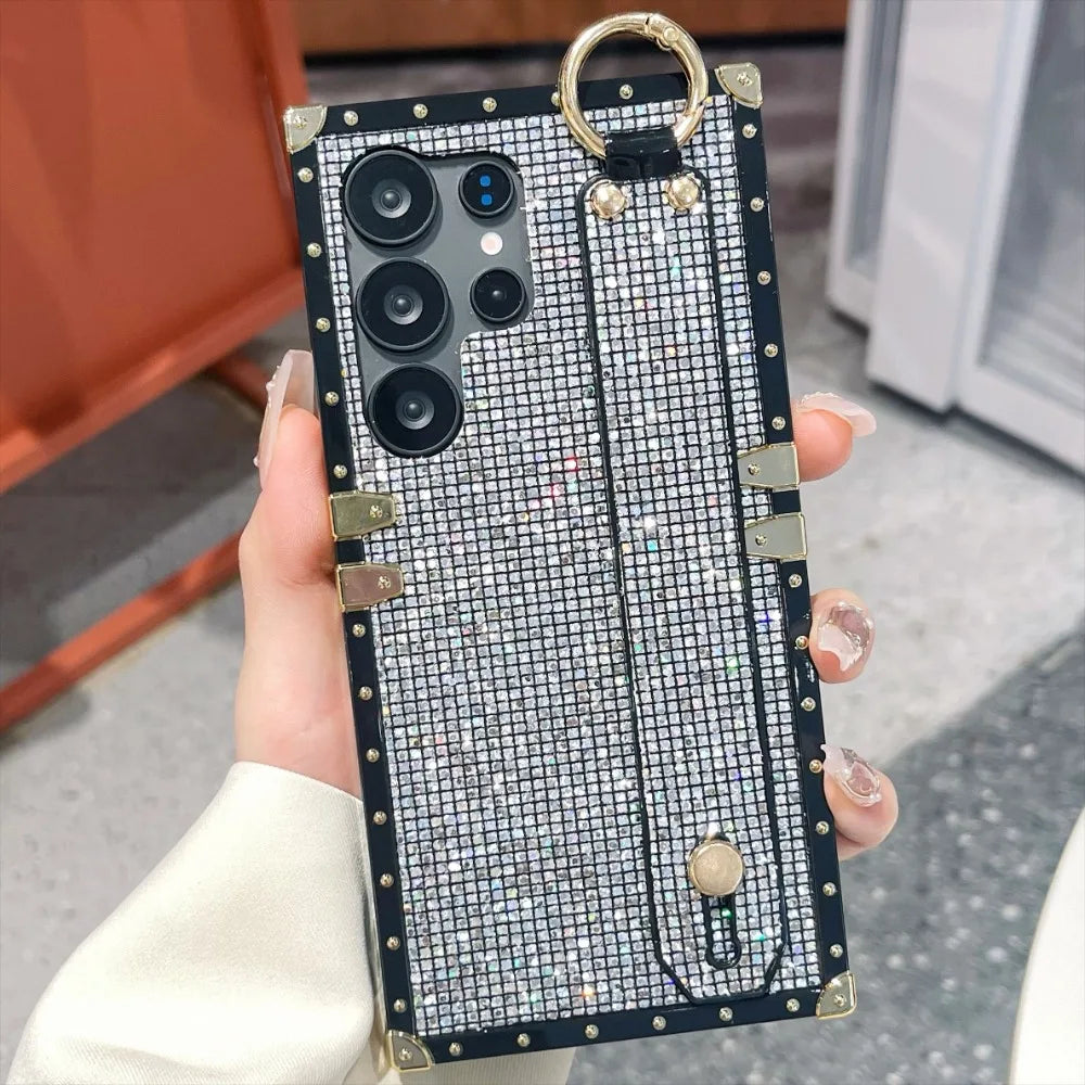 Plating Bling Glitter Wristband Case For Samsung Galaxy S20 S21 S23 FE S22 S24 S25 Plus Note 20 Ultra A06 A16 A26 A36 A55 5G