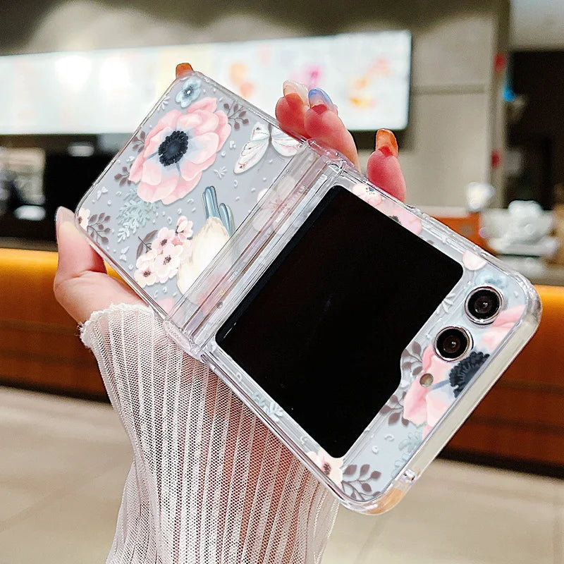 Flower Pattern Folding Case For Samsung Galaxy Z Flip7 FE Flip7 Flip6 Clear Shockproof Cover For Samsung Galaxy Z Flip 7 6 5 4 3