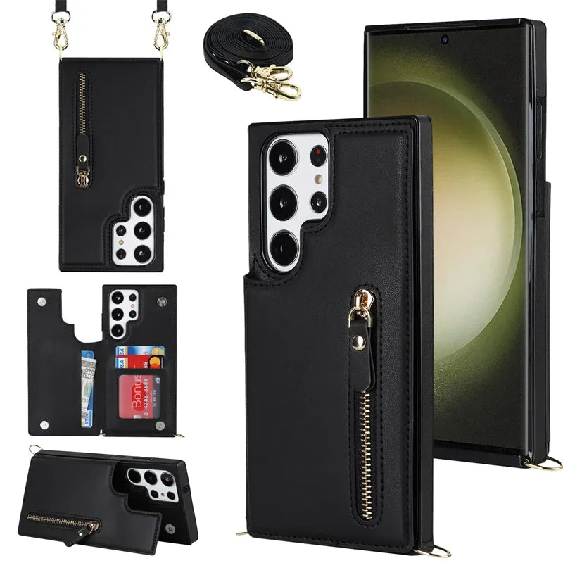 Crossbody Zipper Wallet with Card Holder Phone Case for Samsung Galaxy S23 S21FE S25 S24 S22 Plus Note 20 Ultra Leather Cover