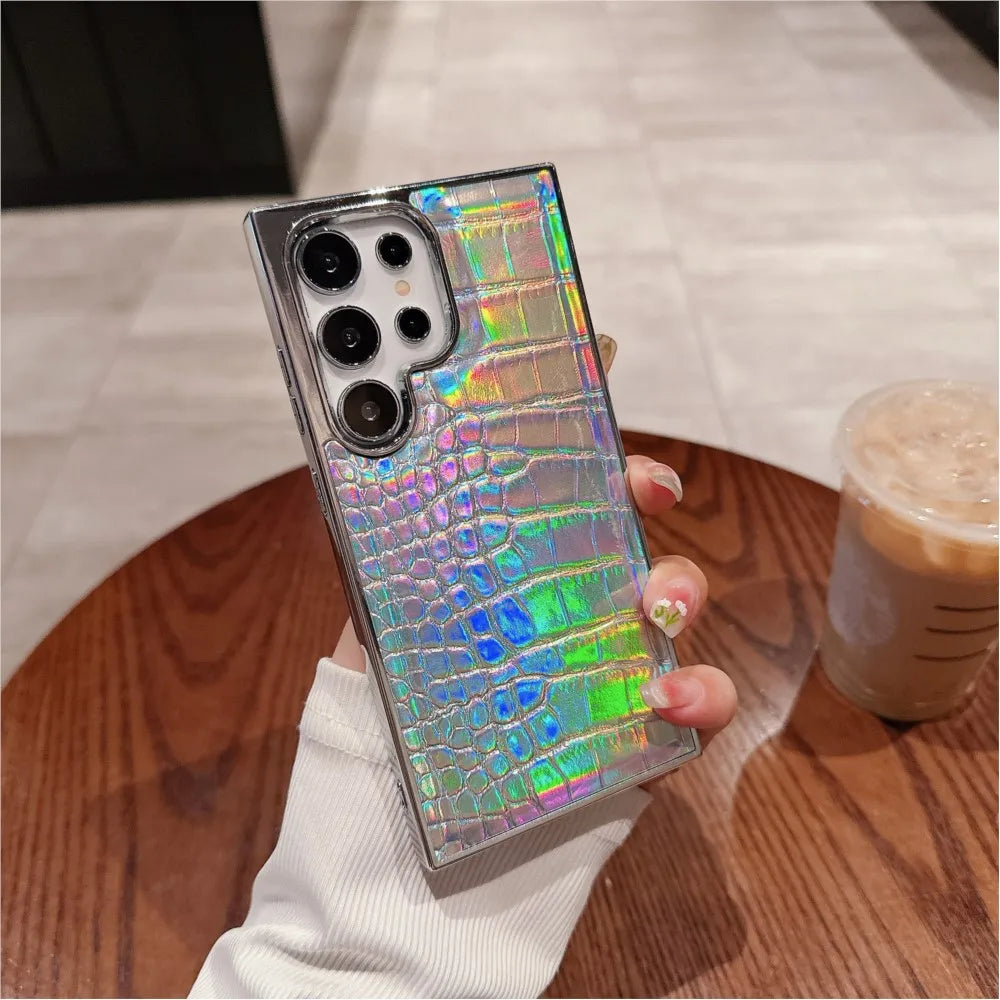 Luxury Gradient Crocodile Pattern Leather Laser Case For Samsung Galaxy S25 S24 S23 Ultra Plus Aurora Color Plating Hard Cover