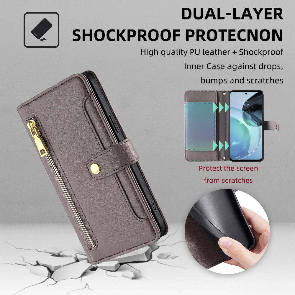 Zipper Wallet Phone Case for Motorola G Stylus Edge 2023 G Play 4G 2024 G Power 5G G14 G84 G54 5G Crossbody Case with Lanyard