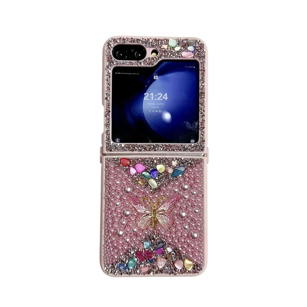 Original Slim Butterfly Jewelled Phone Case For Samsung Galaxy Z Flip 7 6 5 4 3 5G PC Hard Shell Shockproof Protector Back Cover