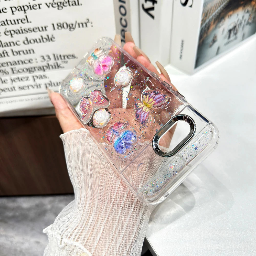Cute 3D Rose Butterfly Bow Pearl Glitter Transparent Case for Google Pixel 8 9 10 Pro XL 9A 8A Shockproof Epoxy Clear TPU Cover