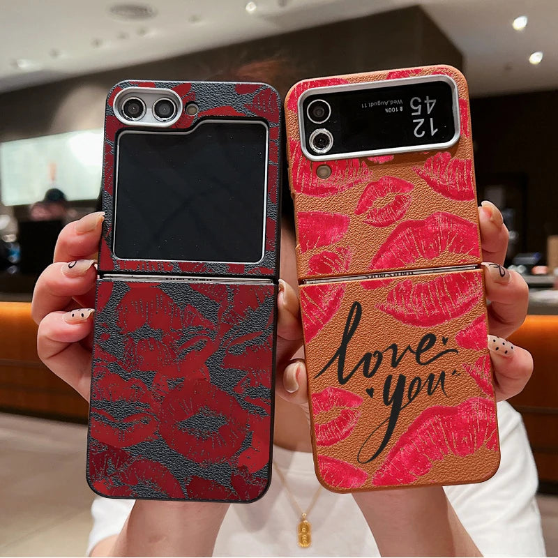 Red Lips Print Folding Phone Case For Samsung Galaxy Z Flip 6 5 4 3 Leather Texture TPU Cover For Samsung Z Flip6 Flip5 Flip4 5G