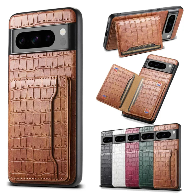 Multifunctional Crocodile Pattern Leather Phone Case Coque For Google Pixel 10 Pro 9 8 7 6 Pro 6A 7A 8A 9Pro Holder Shell Cover
