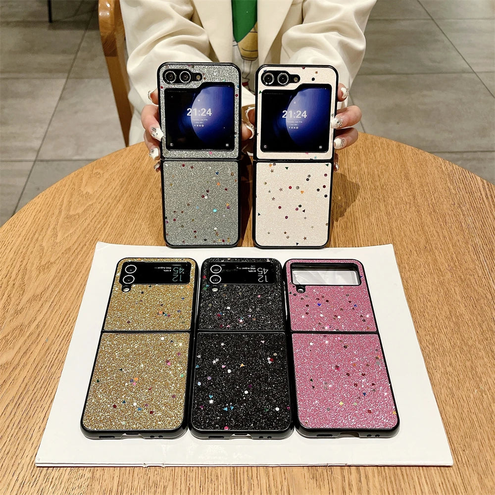 Luxury Glitter Solid Color Phone Case For Samsung Galaxy Z Flip 3 Z Flip 4 Z Flip 5 Lens Protection Shiny Shockproof Back Cover