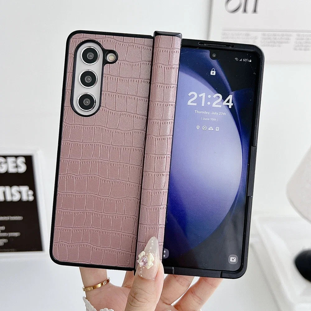 Luxury Business Crocodile Pattern Case For Samsung Galaxy Z Fold 3 4 5 6 Hinge Protector Shockproof Cover For Galaxy Fold5 Fold6