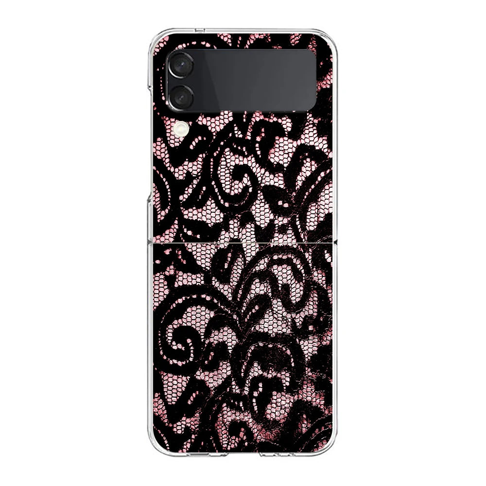 Transparent Phone Case For Samsung Galaxy Z Flip 3 4 5 6 7 Hard Folding PC Z Flip3 Flip4 Cover Lace Printed