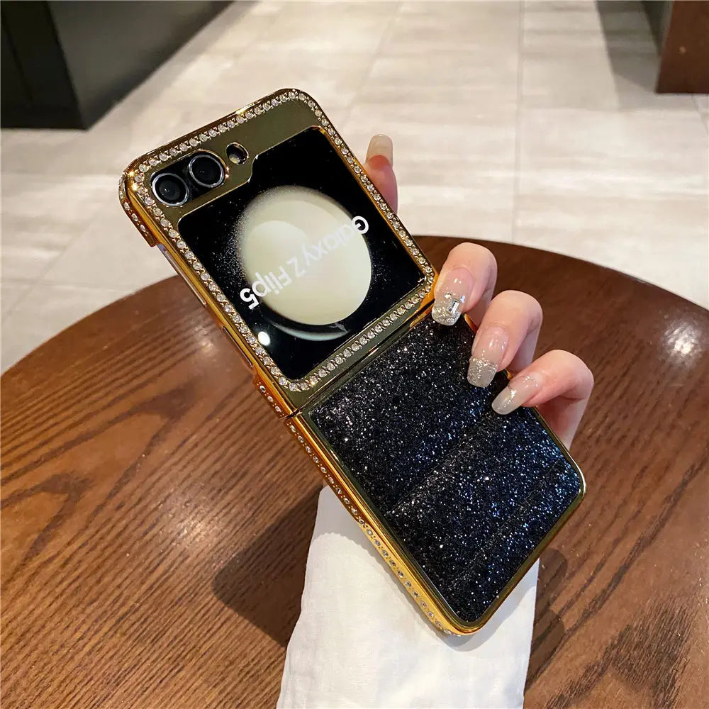 Luxury Bling Diamond Leather Plating Case For Samsung Galaxy Z Flip 6 Flip 5 Flip 3 4 Shockproof Cover Funda