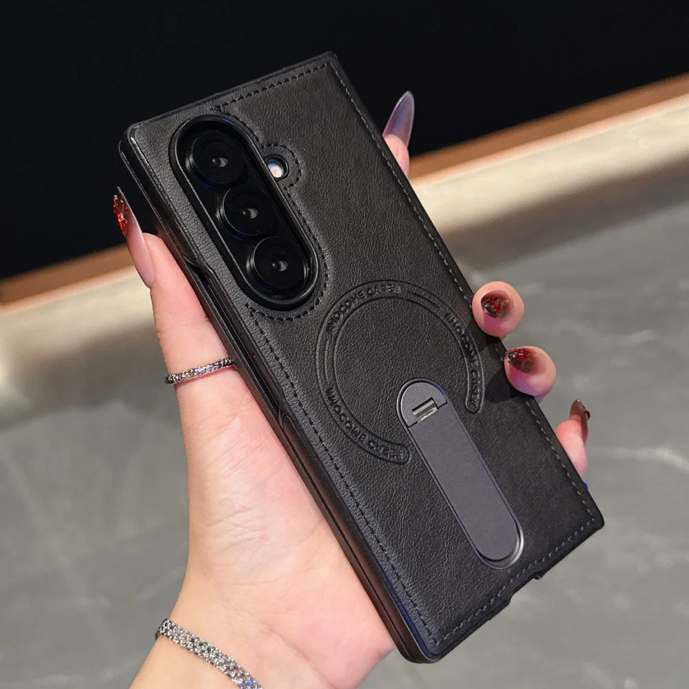 Luxury Magnetic Leather Case For Samsung Galaxy Z Fold 7 6 5 4 3 5G Folding Bracket Holder Wireless Charging Cover For Zfold7