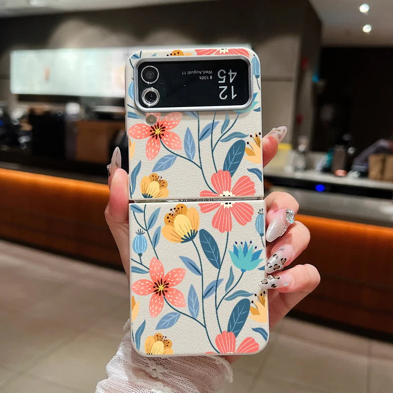 For Samsung Galaxy Z Flip 5 6 4 3 5G Luxury Leather Phone Case Flowers Pattern Soft TPU Folding Cover For Samsung Z Flip4 Flip5