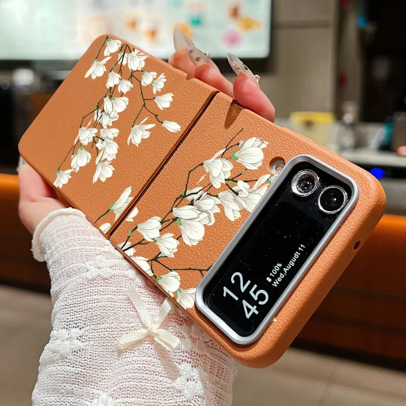 For Samsung Galaxy Z Flip 5 6 4 3 5G Luxury Leather Phone Case Flowers Pattern Soft TPU Folding Cover For Samsung Z Flip4 Flip5