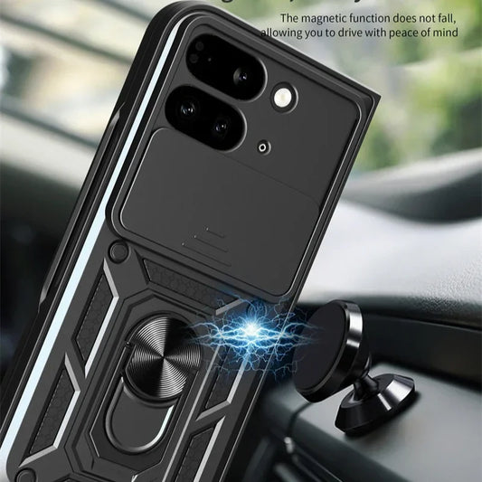 For Google Pixel 9 Pro Fold 5G Phone Case Shockproof Car Magnet Ring Armor Protection Silicone Stand Holder Back Cover Cases