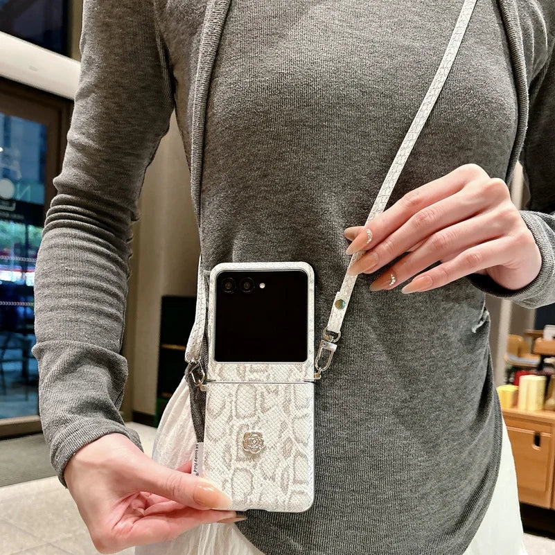 Python Skin Pattern Side Buckle Camellia Decorated Case For Moto Razr 60 Ultra Motorola Razr 50 Ultra 2025 Protective Cover