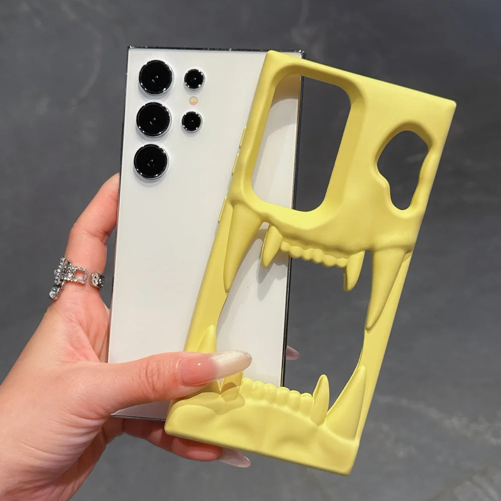 Luxury Hollow 3D Skeleton Tiger Teeth Case For Samsung Galaxy S25 S24 Plus Ultra Matte Metallic Fluorescence Shockproof Cover