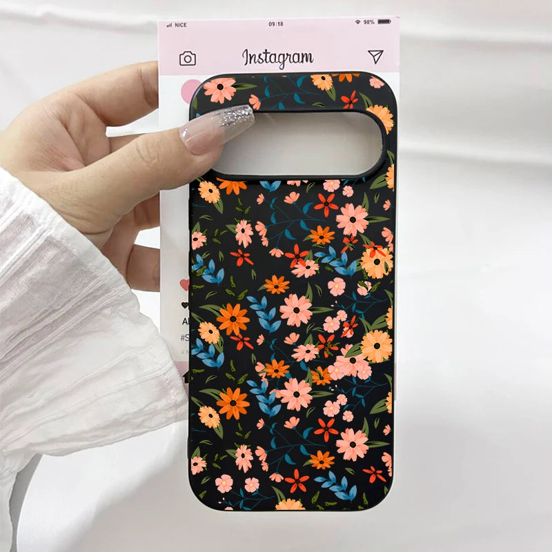 Luxury Flower Leaf Pattern Phone Case For Google Pixel 10 9 Pro XL 8A 8 Pro 7 6A 5G INS Cute Floral Black Soft Silicone Cover