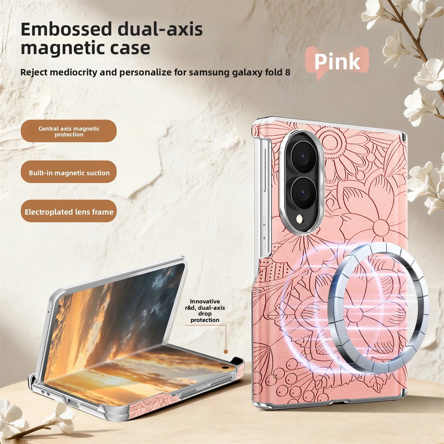 Fashionable Magnetic Embossed Leather Case for Samsung Z Fold 8 Wide Shockproof for Magsafe Central Axis Protection Slim Cover