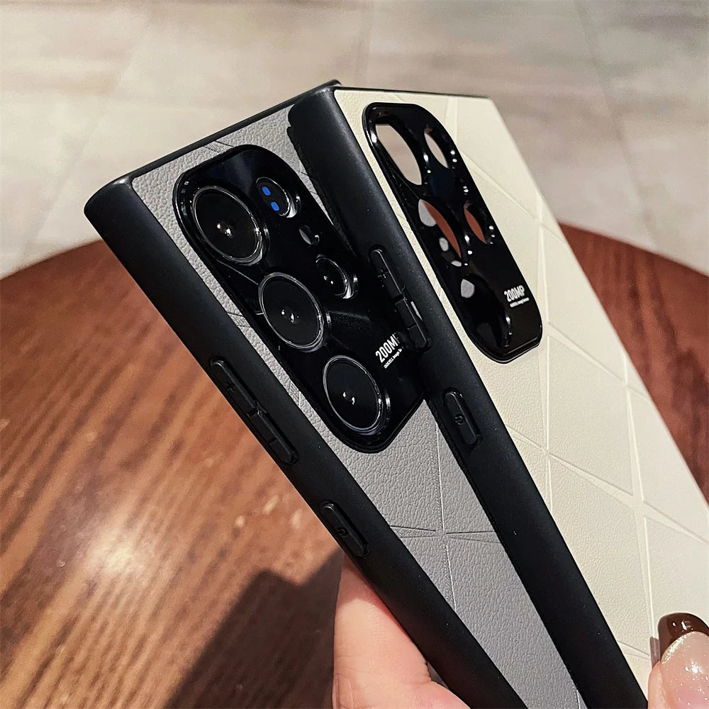 Luxury Plain Leather Diamond Grid Pattern Case For Samsung S25 Plus S24 S23 Ultra S22 Plating Alloy Camera Lens Protection Cover