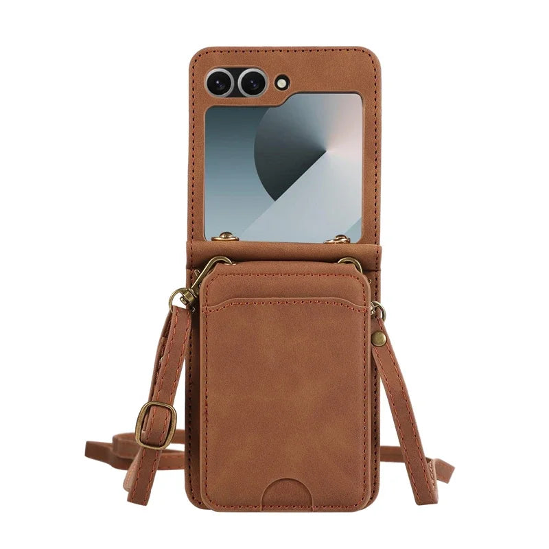 Leather Wallet Card Holder Case for Samsung Galaxy Z Flip 6 5 4 3 ZFlip Flip6 Flip5 Flip4 Flip3 with Crossbody Lanyard Bag Cover