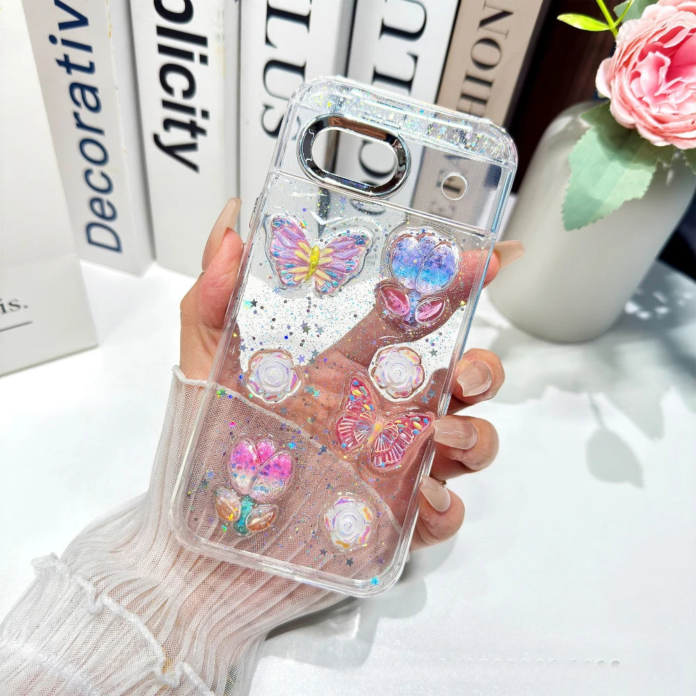 Cute 3D Rose Butterfly Bow Pearl Glitter Transparent Case for Google Pixel 8 9 10 Pro XL 9A 8A Shockproof Epoxy Clear TPU Cover