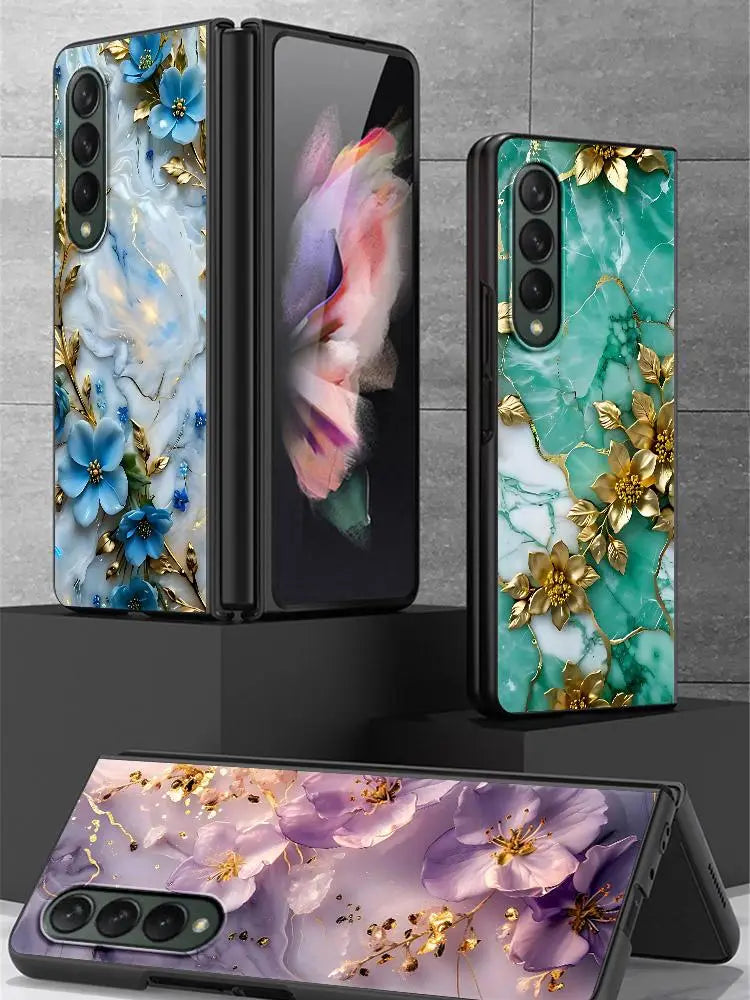 Luxury Flower Marble Phone Cover for Samsung Galaxy ZFold6 Z Fold 4 5G ZFold5 Z Fold4 Fold3 Funda Shockproof Hard PC