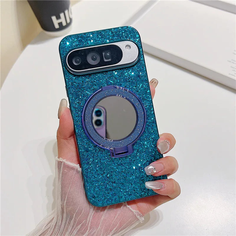 Bling Mirror Magnetic Metal Bracket Case For Google Pixel 9 10 Pro XL 8A 8Pro 7A 6 7 Pro Wireless Charging Glitter Sequins Cover