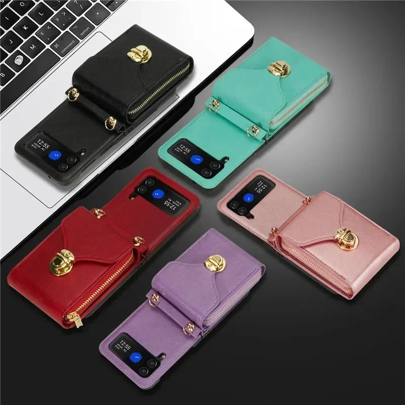 Lanyard Leather Zipper Wallet Card Slot Phone Case for Samsung Galaxy Z Flip 6 5 4 3 Lanyard Purse Bag Flip Stand Cover Back Bag