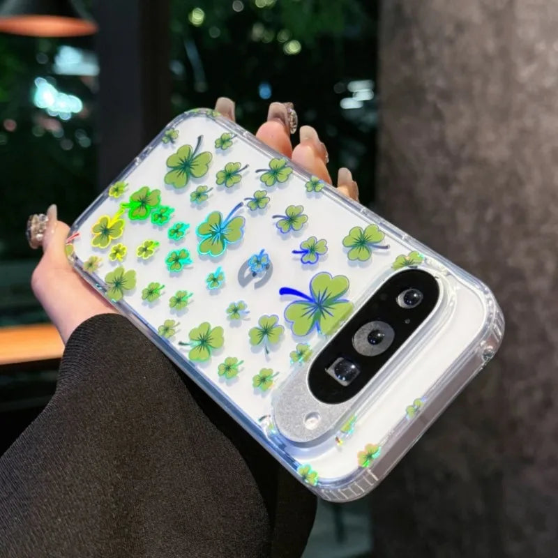 Laser Flower Reflective Phone Case For Google Pixel 10 10Pro XL 9 Pro XL 9A Transparent Floral Print TPU Shockproof Airbag Cover