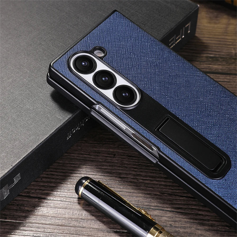 For Samsung Galaxy Z Fold 6 5 Luxury Leather Invisible Stand Holder Case Shockproof Bumper Back Cover For Galaxy Fold 4 3 Fold 6
