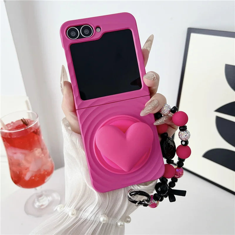 Water Ripple Texture Magnetic Love Stand Phone Case For Samsung Galaxy Z Flip 7 6 5 Flip6 Flip5 Flip7 Cover with Chain Cute Capa