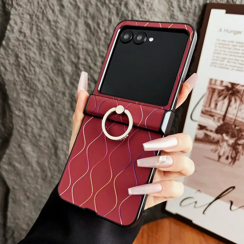 Luxury Wave Pattern Ring Phone Case For Motorola Razr 60 50 40 Ultra 50Ultra 3-piece Set Wavy Line Hinge Anti-Scratch Back Cover