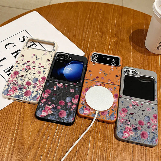 Purple Flower Print Case For Samsung Galaxy Z Flip 6 5 4 3 Magnetic For Magsafe Folding Cover For Samsung Z Flip6 Flip5 Flip4