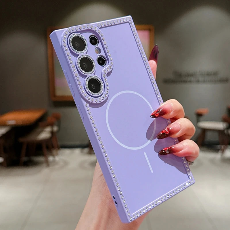 Diamond Camera Magsafe Phone Case For Samsung Galaxy S25 S24 FE S23 Plus S25 Ultra Magnetic Silicone Protector Shockproof Cover