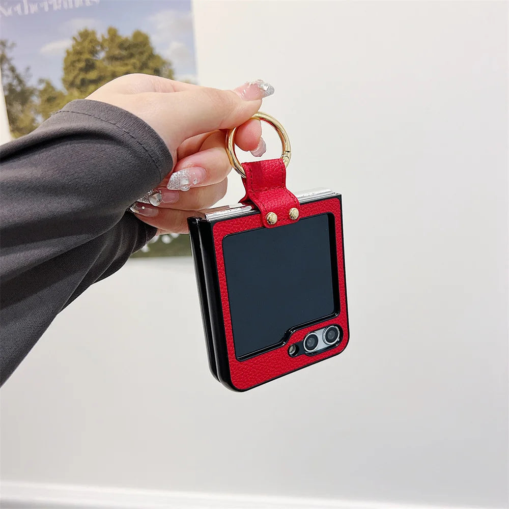 Original Leather Matte Litchi Phone Case For Samsung Galaxy Z Flip 6 5 4 3 Ring Stand Holder Shockproof Cover For Galaxy Flip 6