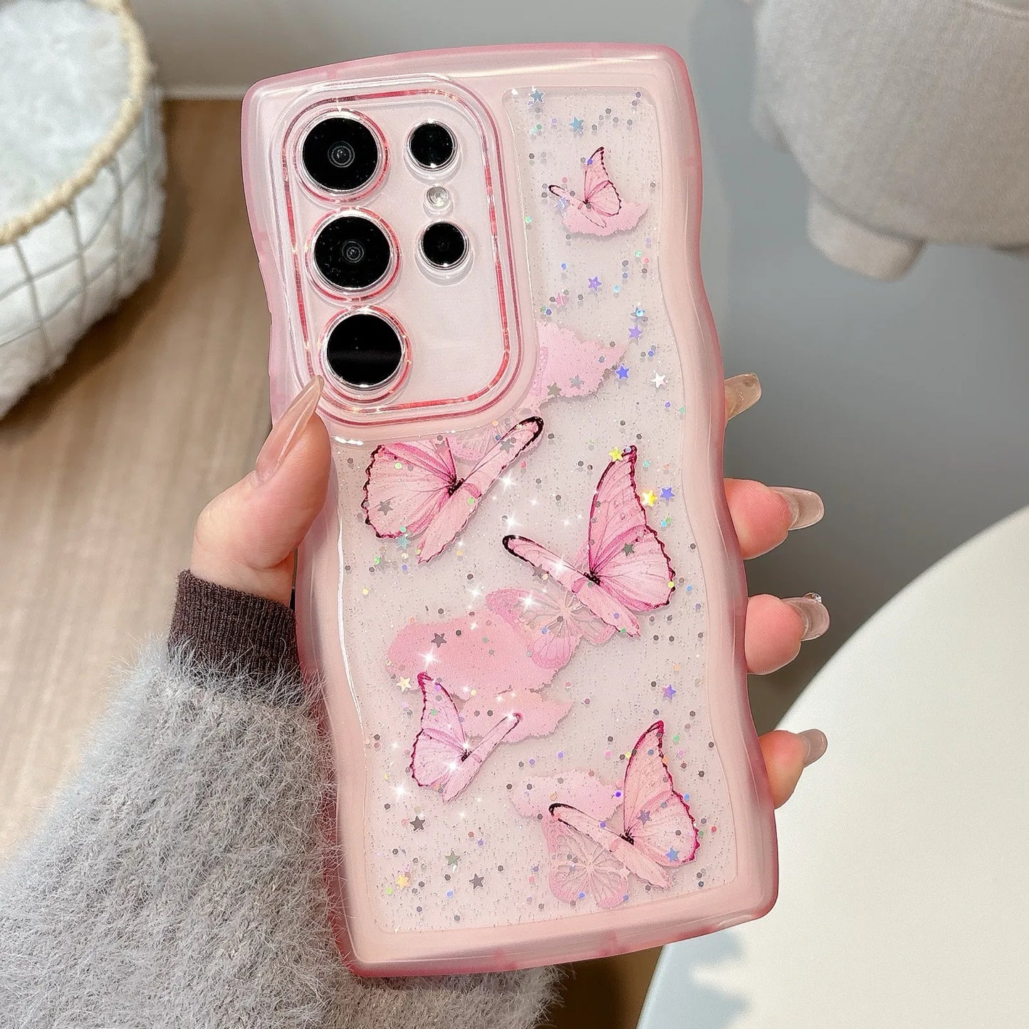 Glitter Starry Sky Butterfly Resin Irregular Wavy Edge Phone Case for Samsung Galaxy S 22 23 24 25 Ultra Plus FE Anti-drop Cover