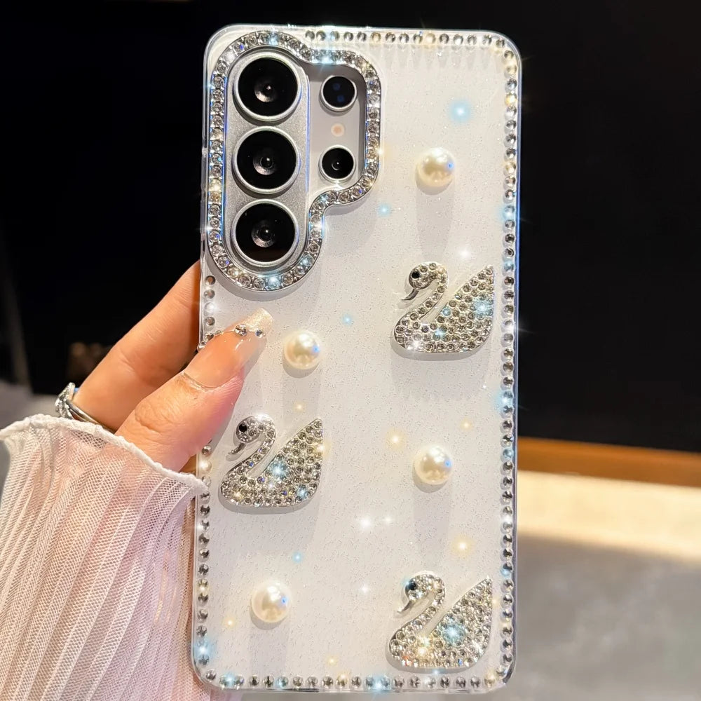 Luxury Diamond Swan Cover For Samsung Galaxy S26 Ultra S26 Plus Laser Heart Case For Samsung S23 S24 Ultra S25 Plus Pearl Case