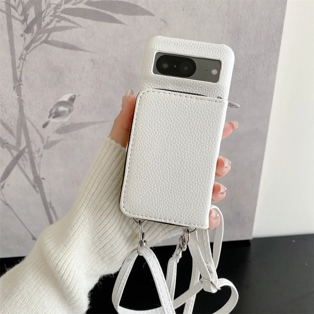 For Google Pixel 9 8 7 6 5 Pro XL 8 A 7A 6A Phone Case  Leather Litchi Wallet Card Bag Shoulder Strap Lanyard Stand Holder Cover