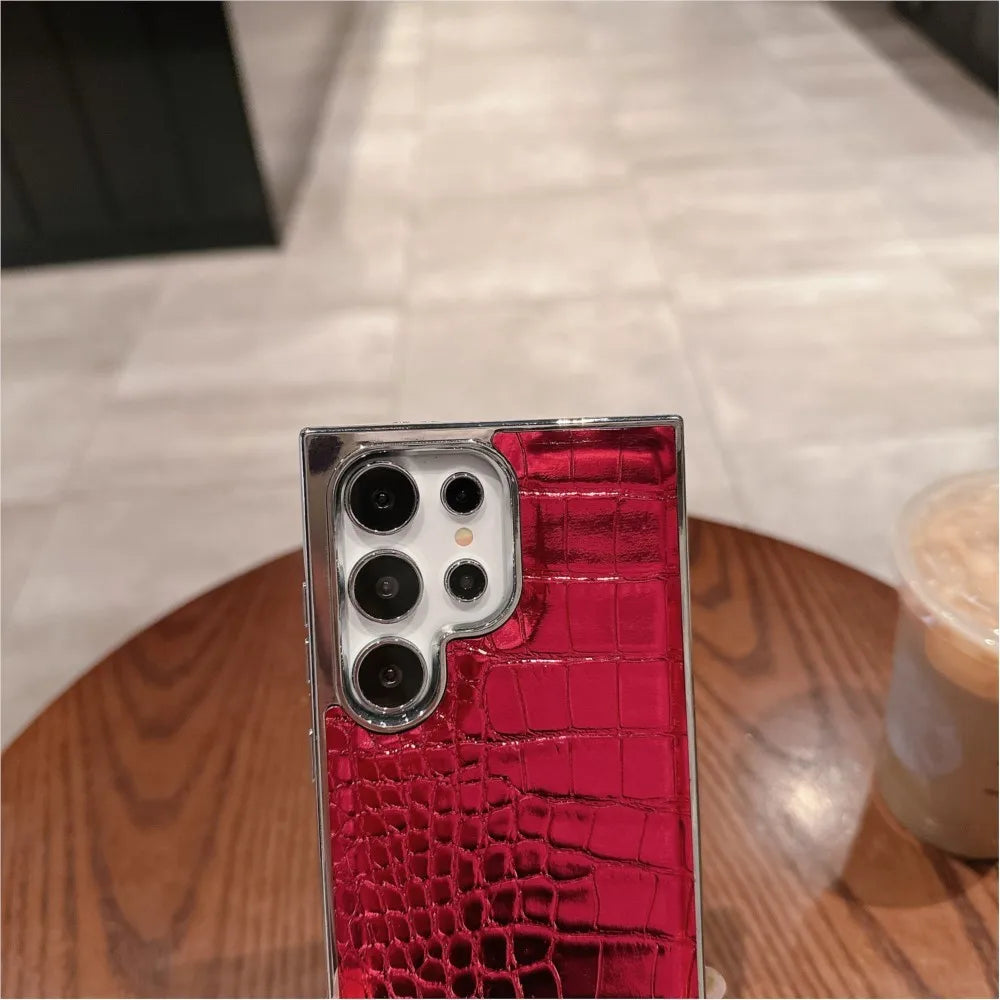 Luxury Gradient Crocodile Pattern Leather Laser Case For Samsung Galaxy S25 S24 S23 Ultra Plus Aurora Color Plating Hard Cover