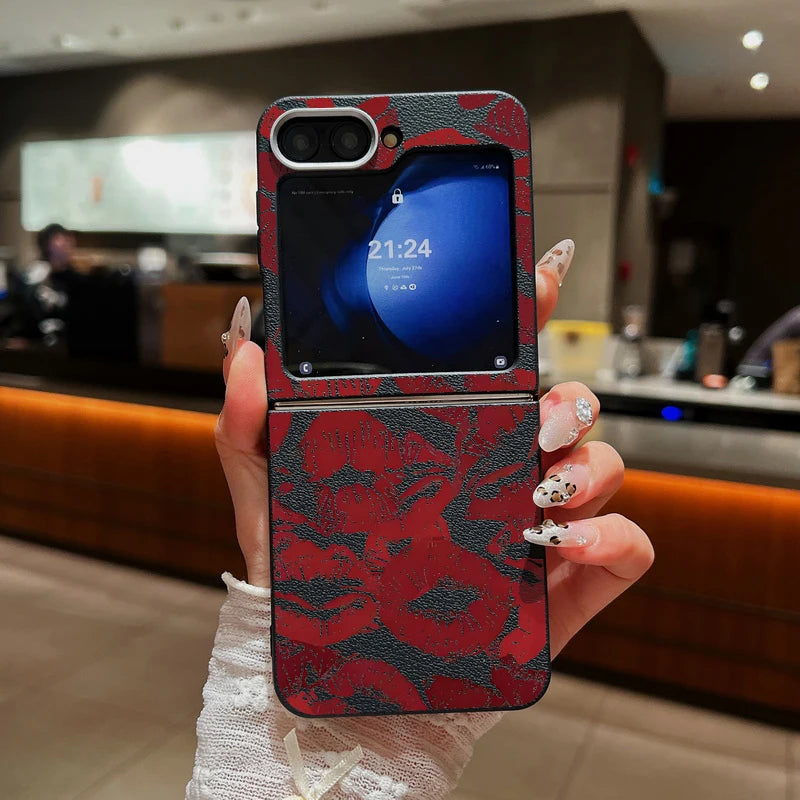 Red Lips Print Folding Phone Case For Samsung Galaxy Z Flip 6 5 4 3 Leather Texture TPU Cover For Samsung Z Flip6 Flip5 Flip4 5G