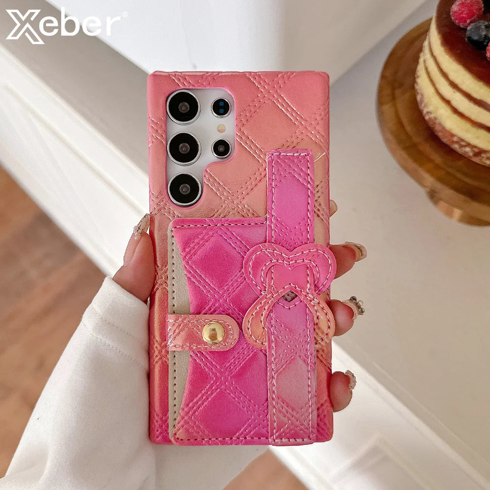 Glitter Dazzling Leather Slot Card Bag Holder Case For Samsung S24 S23 S22 S25 Ultra Luxury Lattice Love Heart Wrist Strap Cover