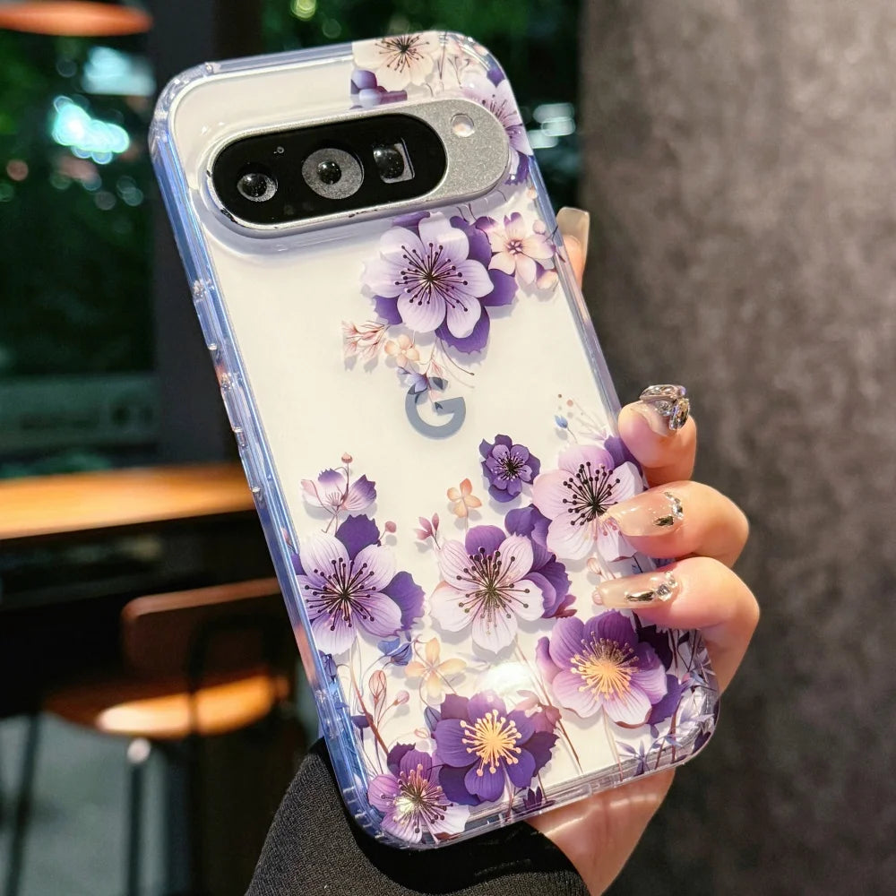 Laser Flower Reflective Phone Case For Google Pixel 10 10Pro XL 9 Pro XL 9A Transparent Floral Print TPU Shockproof Airbag Cover