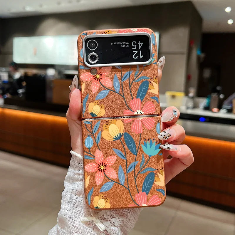 For Samsung Galaxy Z Flip 5 6 4 3 5G Luxury Leather Phone Case Flowers Pattern Soft TPU Folding Cover For Samsung Z Flip4 Flip5