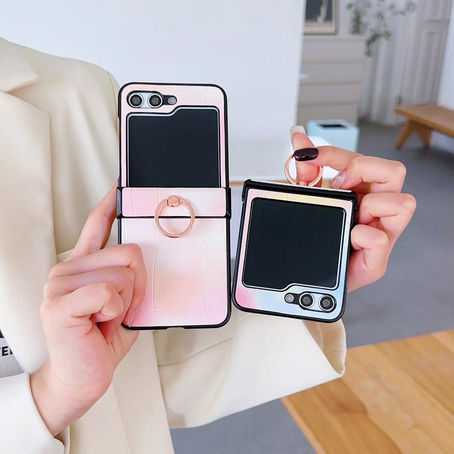 Leather Ring Gradient Color Fall Prevention Phone Case for Samsung Galaxy Z Flip 6 5 4 3  Flip5 Flip4 Flip3 5G Shockproof Cover