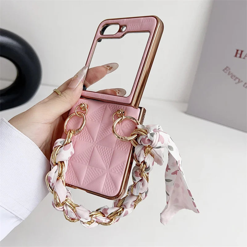 Hand Lanyard Lattice Pattern Phone Cover For Samsung Z Flip5 ZFlip 3 4 Wrist Chain Rope Electroplated Case For Galaxy Flip 6 5